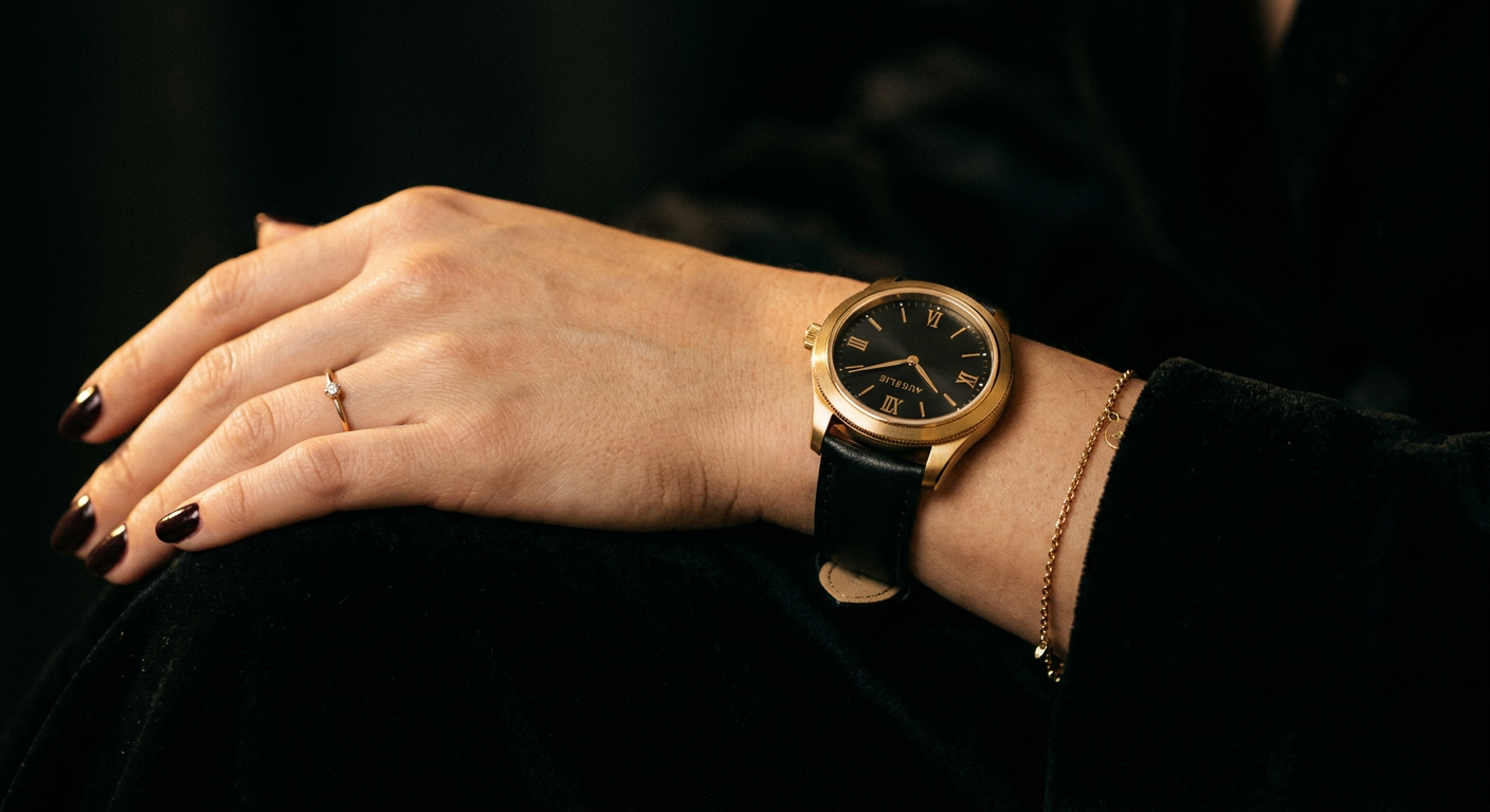 Wanita mengenakan jam tangan elegan emas dan hitam Anora Mutiara Indah
